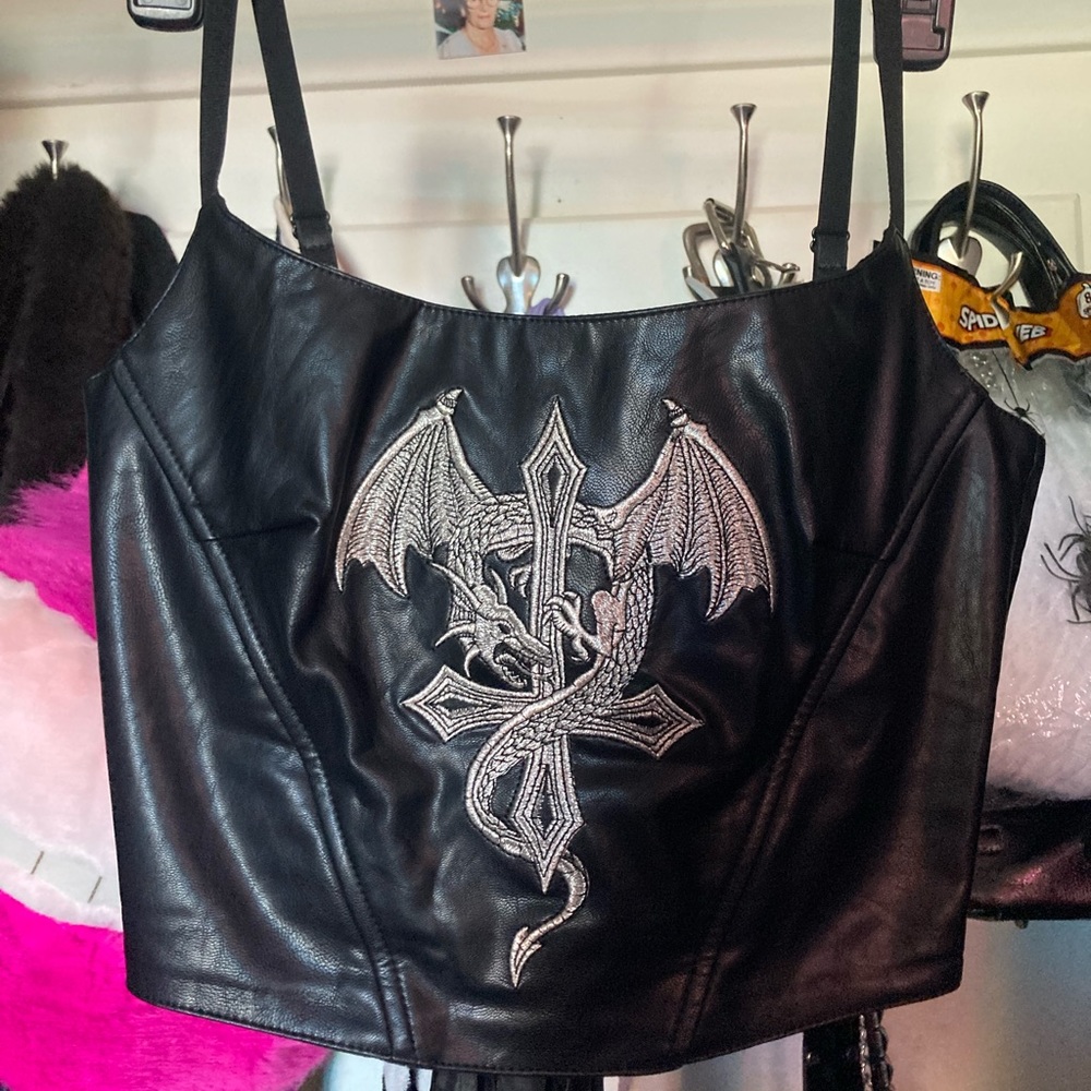 Black leather corset with cross design